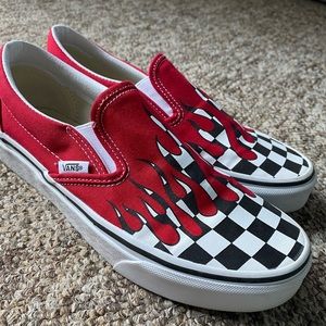 Flame and Checkered Vans Slip Ons